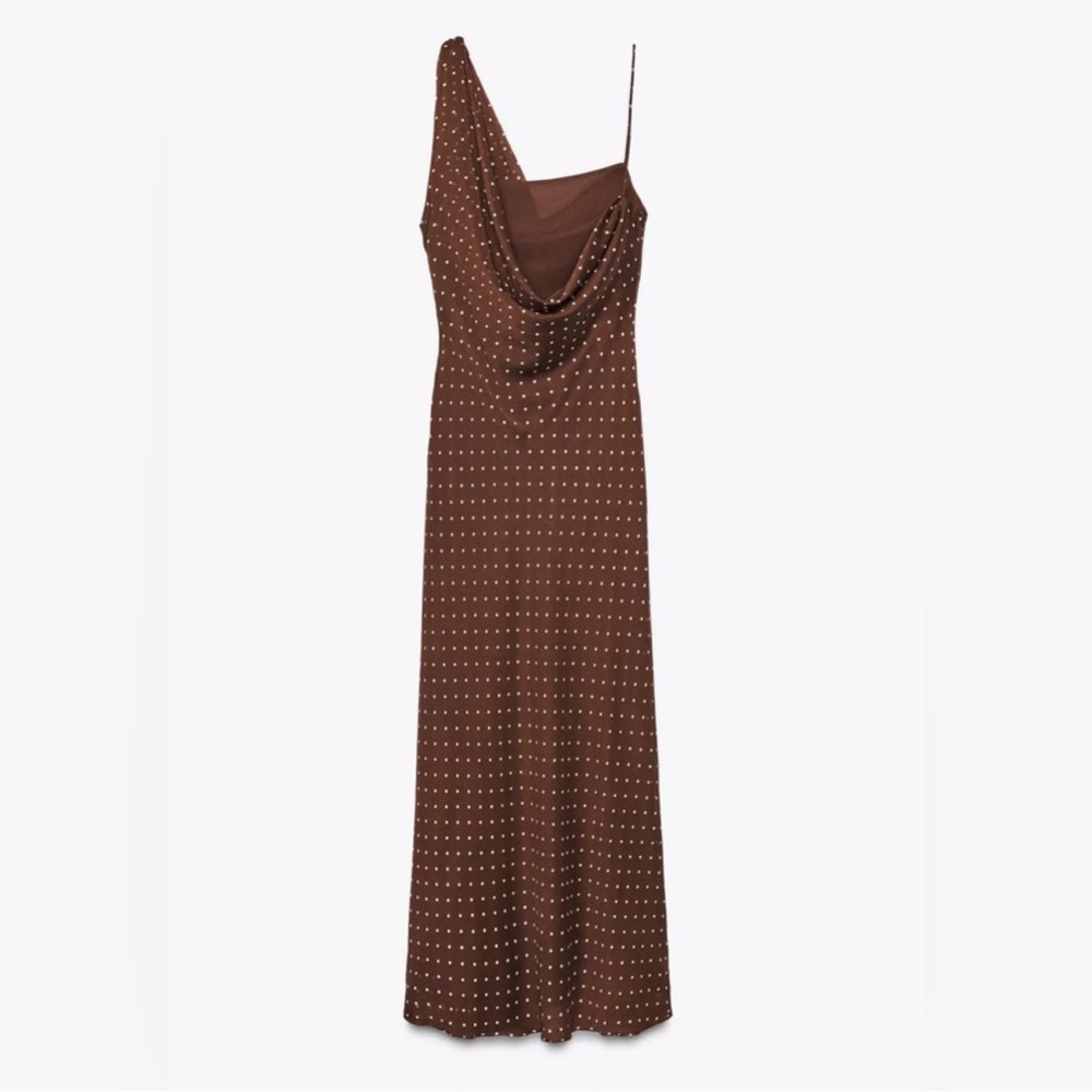 ZARA Brown Draped Neck Polka Dot Maxi Dress - Picture 16 of 17